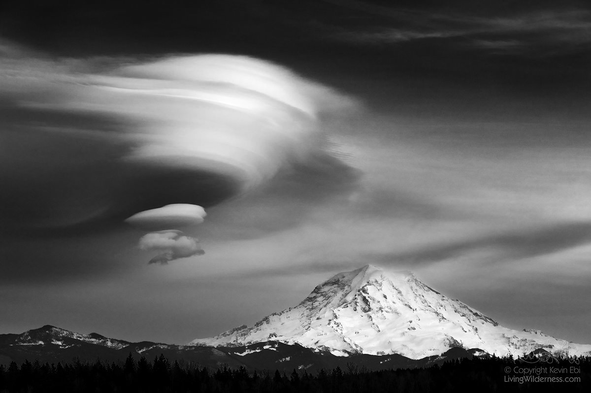 Mount Rainier, Lenticular Cloud, Black and White